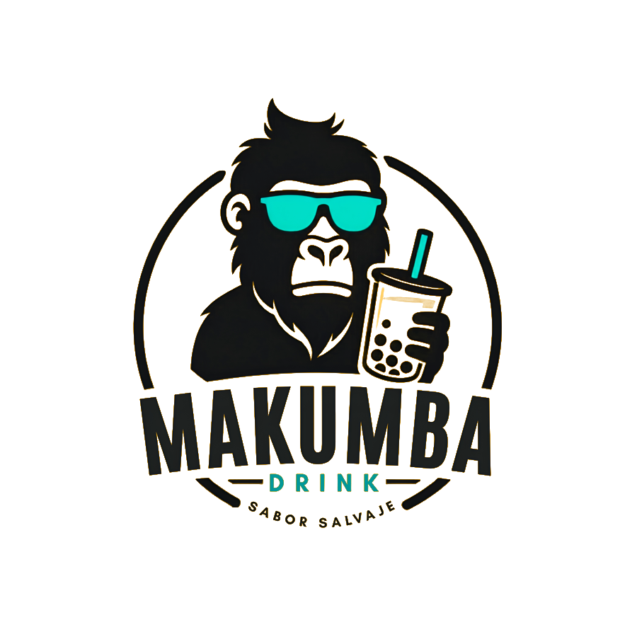 Logotipo de Makumba Drink: gorila con lentes turquesa sosteniendo un vaso con perlas